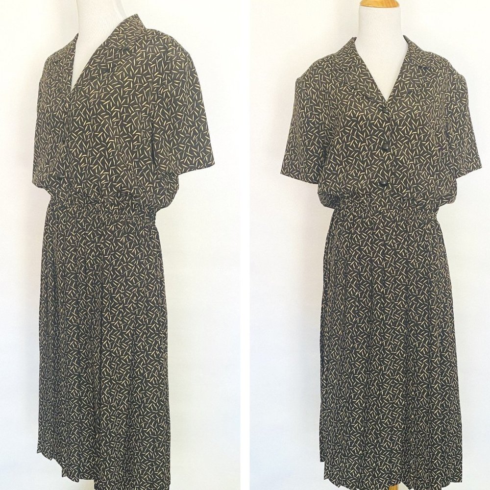 Black Leslie Fay Shirt Dress with Tan Design // Sh